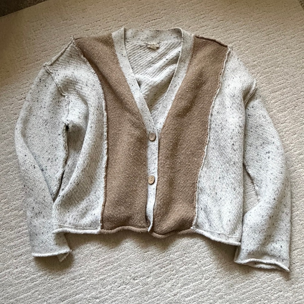 Hem & Thread Colorblock Speckled Knit Cardigan Sweater Tan Oatmeal Womens Large